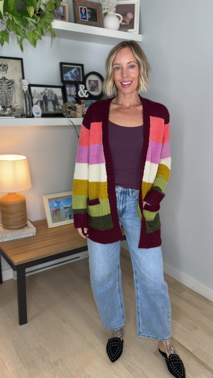 Ravina Multi Colour Blocked Pocket Cardigan- BURGUNDY