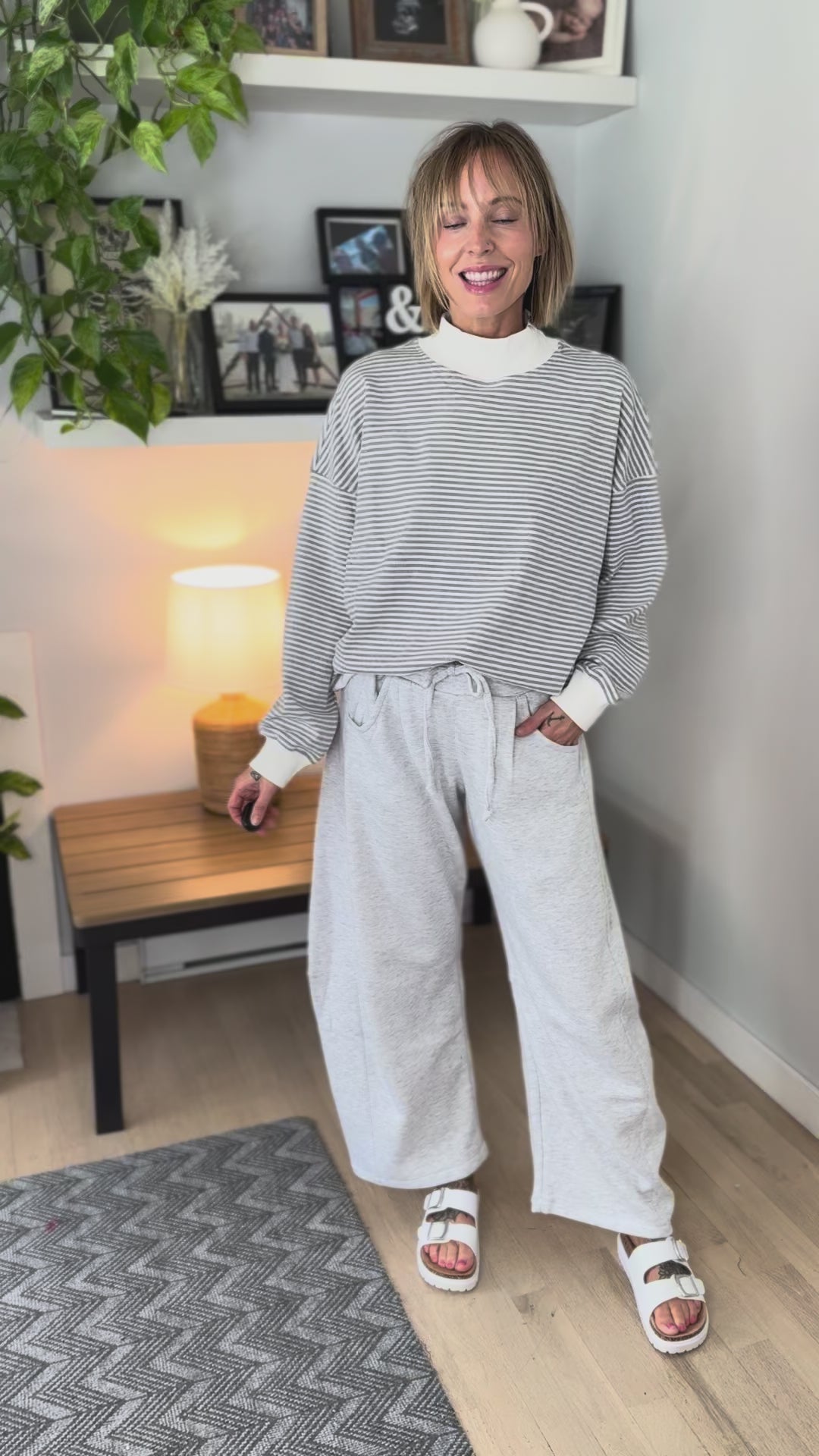 Annika Mock Neck Stripe Sweatshirt Top- HEATHER GREY