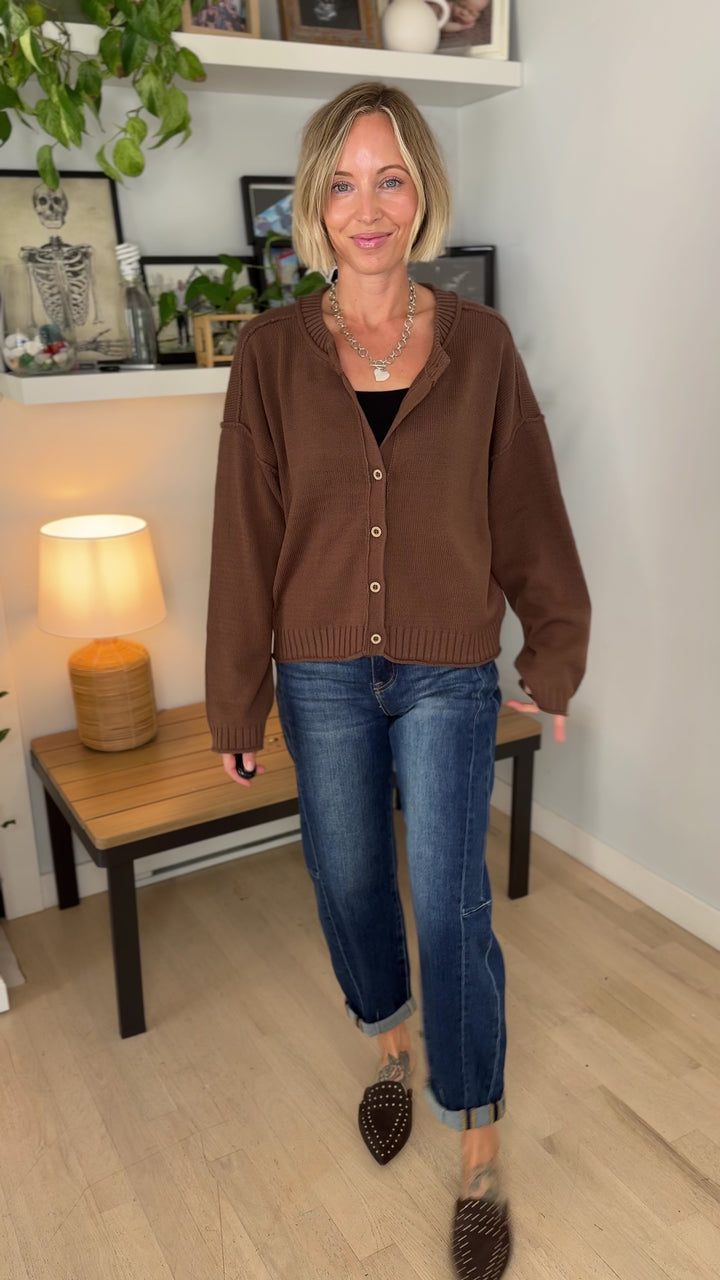 Tristyn Raw Edge Seam Button Down Cardigan- BROWN