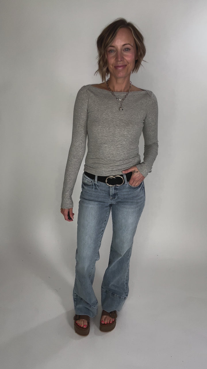 Plaionie Boatneck Ribbed Knit Long Sleeve- GREY-FINAL SALE