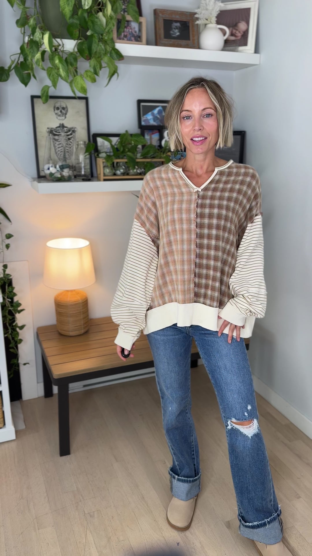 Sorrenta Oversized Plaid Mix Pullover- LATTE