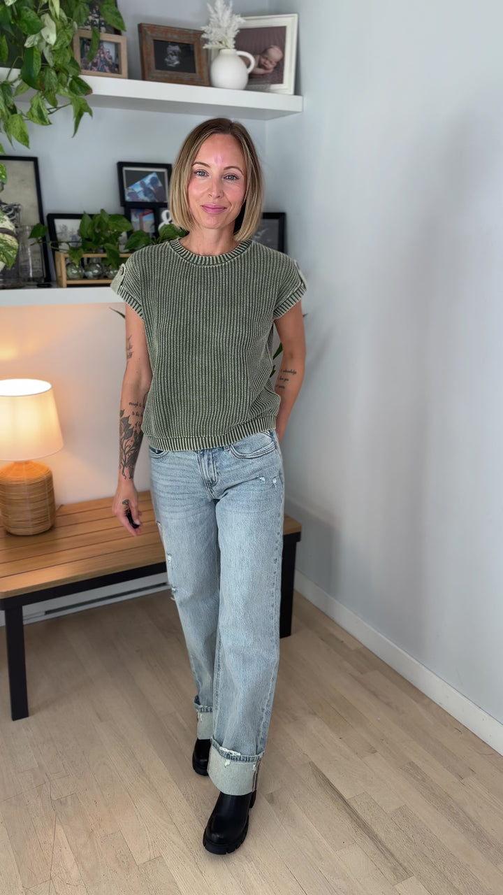 Sienna Washed Back Button Knit Top- OLIVE