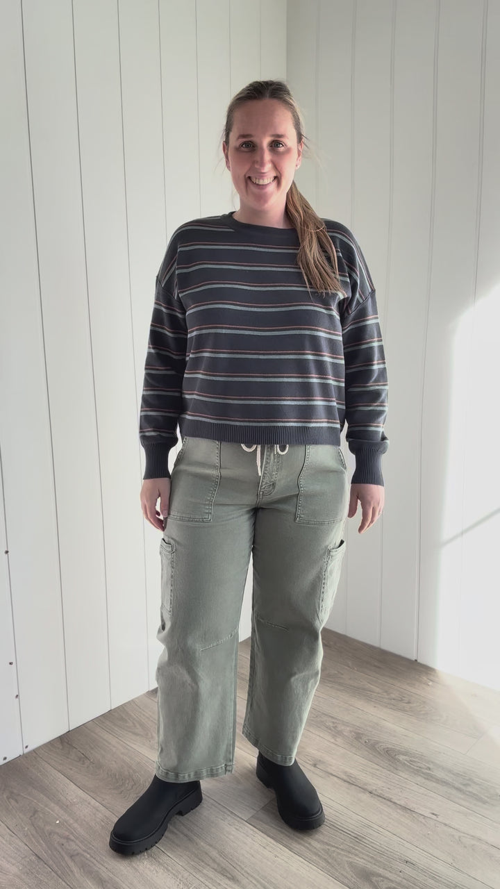 Illa Boxy Cut Striped Drop Shoulder Sweater- SLATE