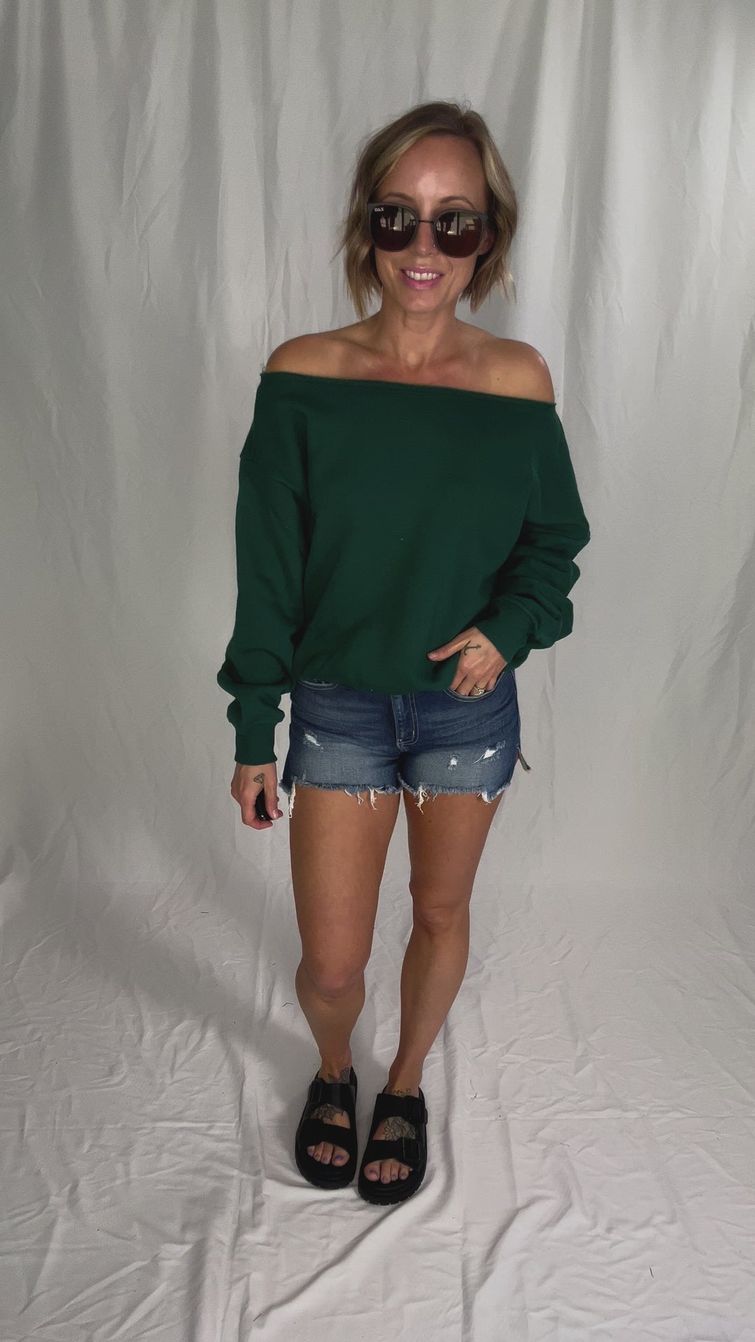 Janice Fleece Off Shoulder Top- HUNTER GREEN-FINAL SALE