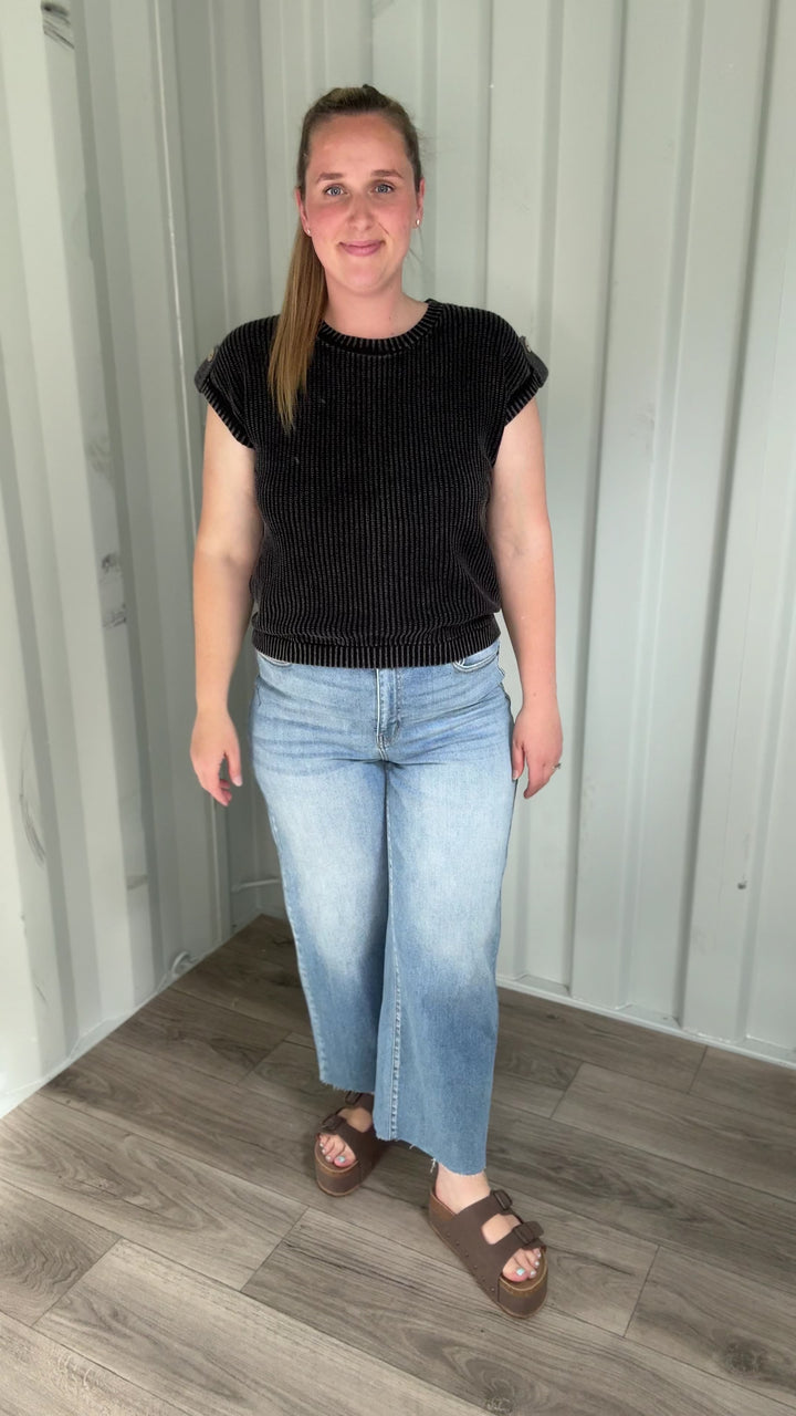 Sienna Washed Back Button Knit Top- CHARCOAL