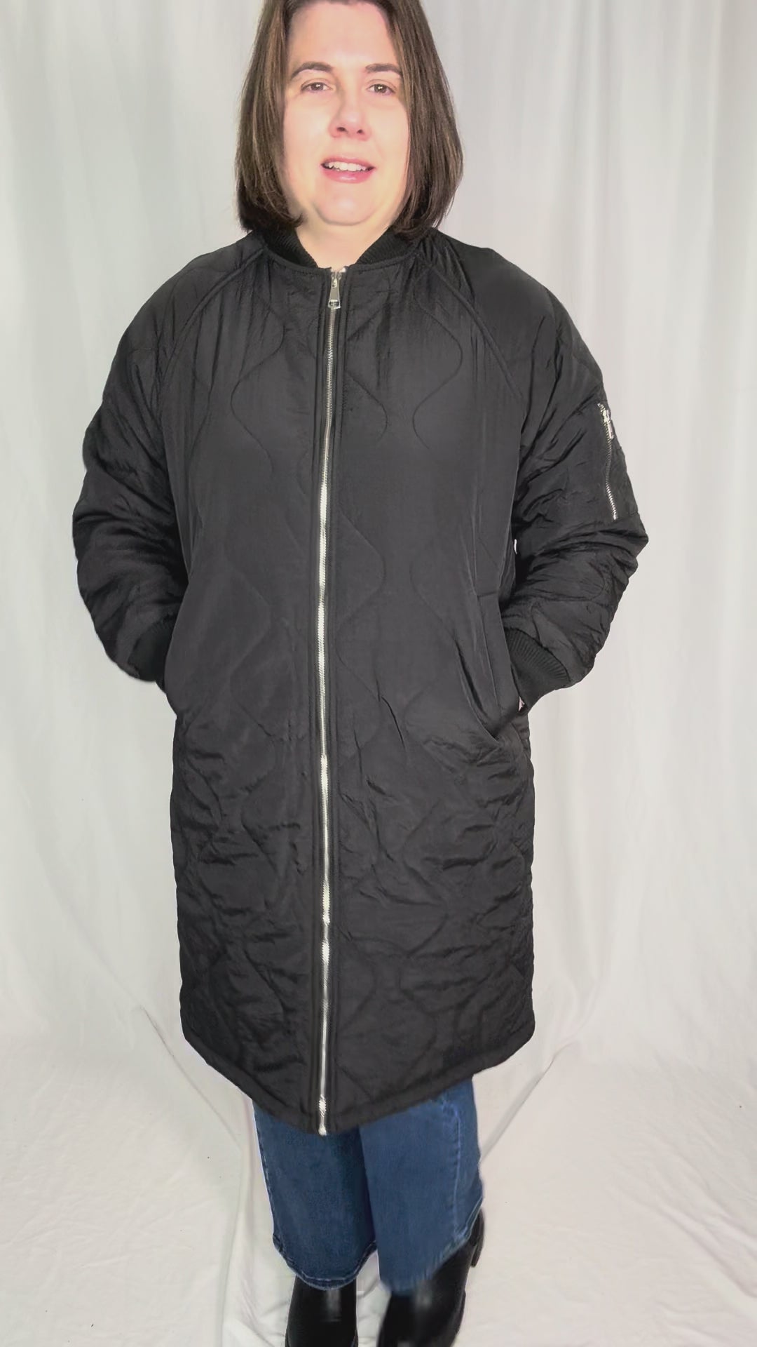 Trail Quilted Zip Up Long Utility Jacket- BLACK