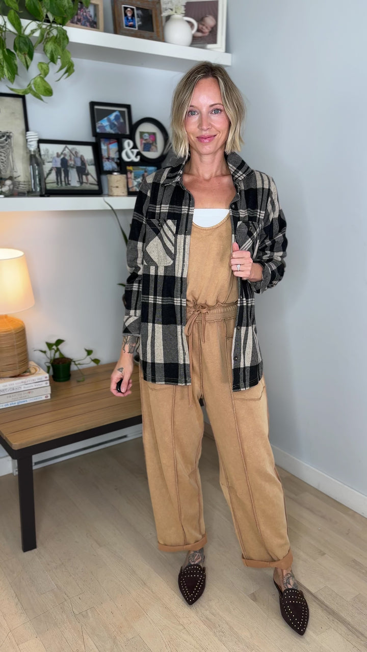 Arabella Plaid Button Up Shacket- TAN/BLACK