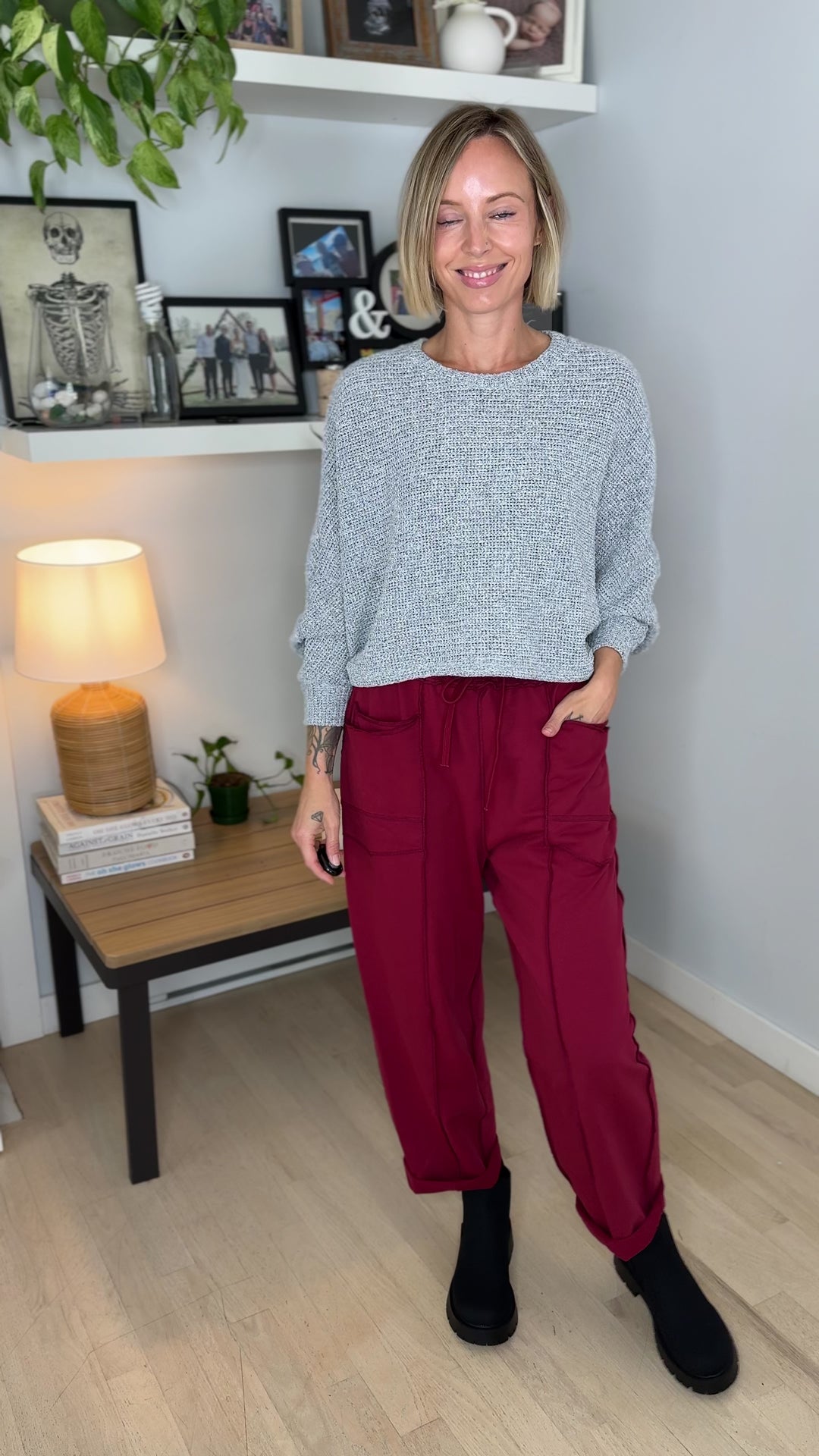 Chailyn Knit Bat Sleeve Crew Neck Sweater- HEATHER GREY