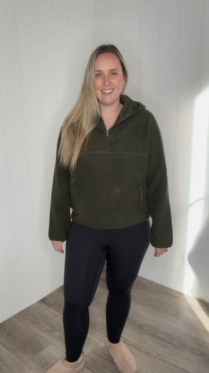 Willa 1/2 Zip Fleece Hoodie Pullover- DEEP OLIVE
