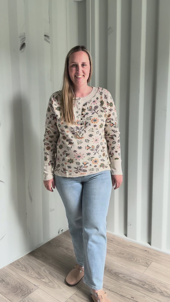 Goldenwood Floral Henley Long Sleeve- ECRU