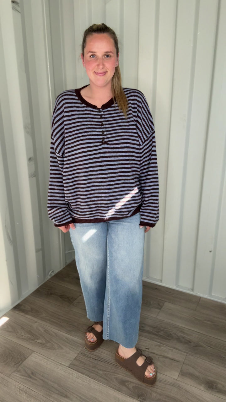 Briar Henley Stripe Sweater- CHOCOLATE BROWN