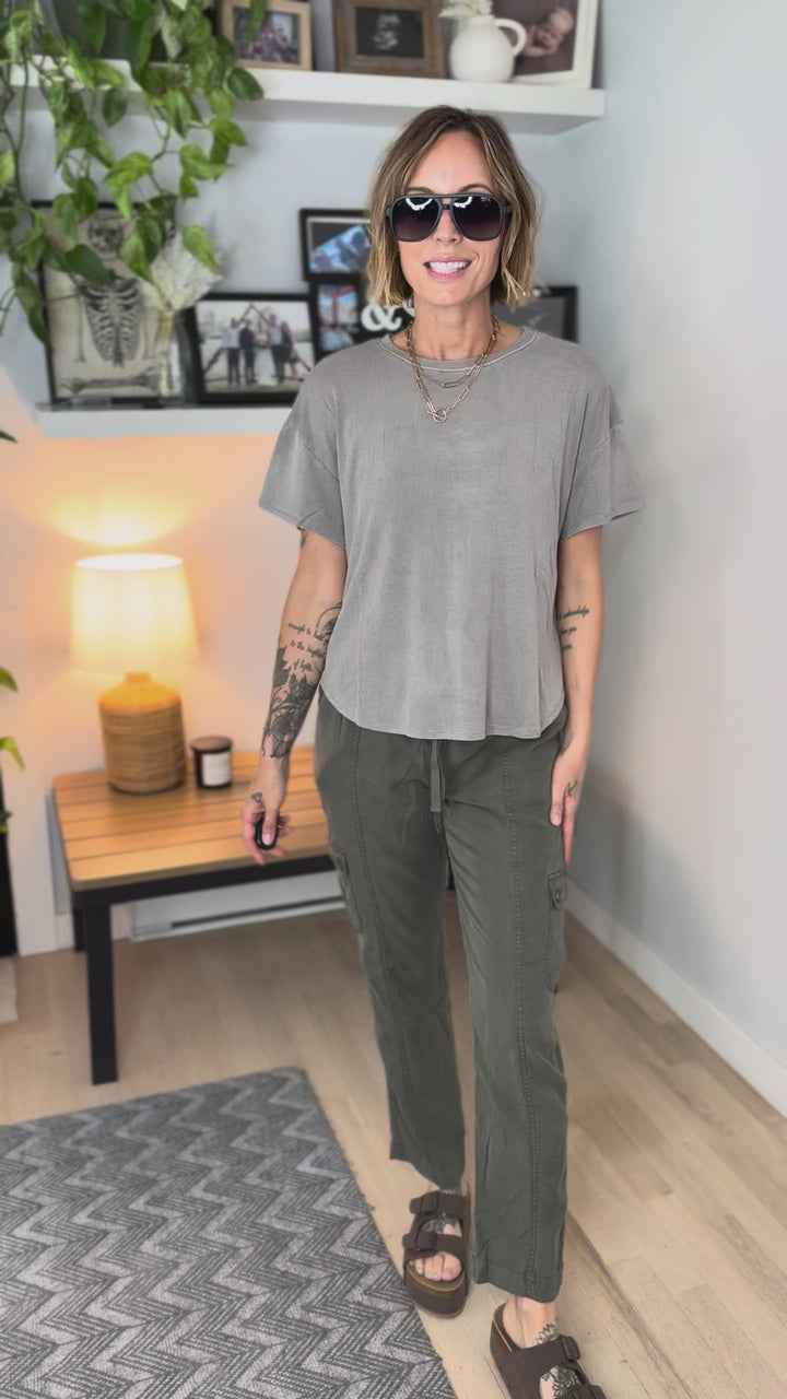 Wild Sage Drop Shoulder Ribbed Tee- GREY BROWN
