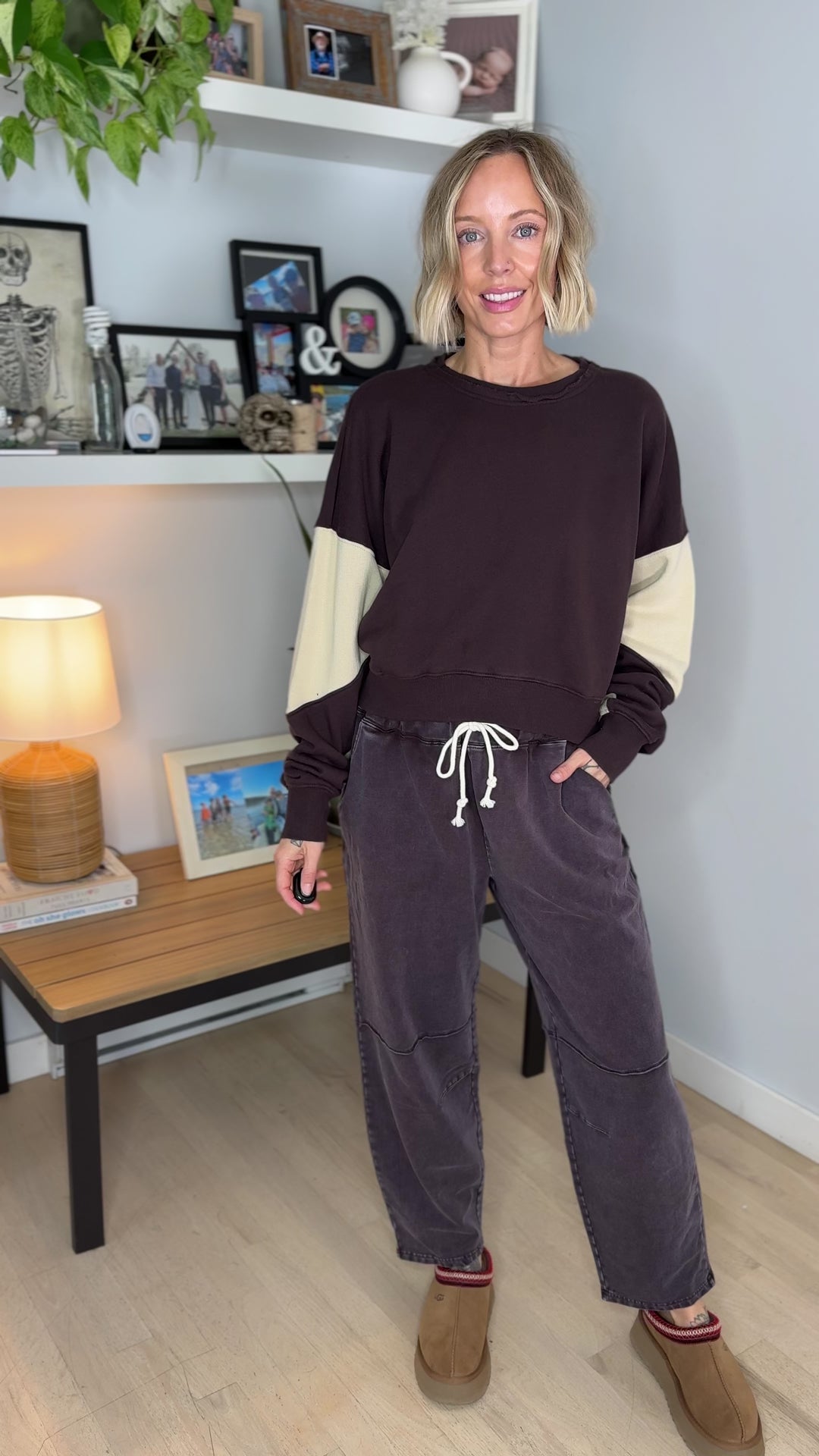 Mono B Tundra Vintage Crop Colour Block Sweatshirt- COFFEE BEAN/BONE