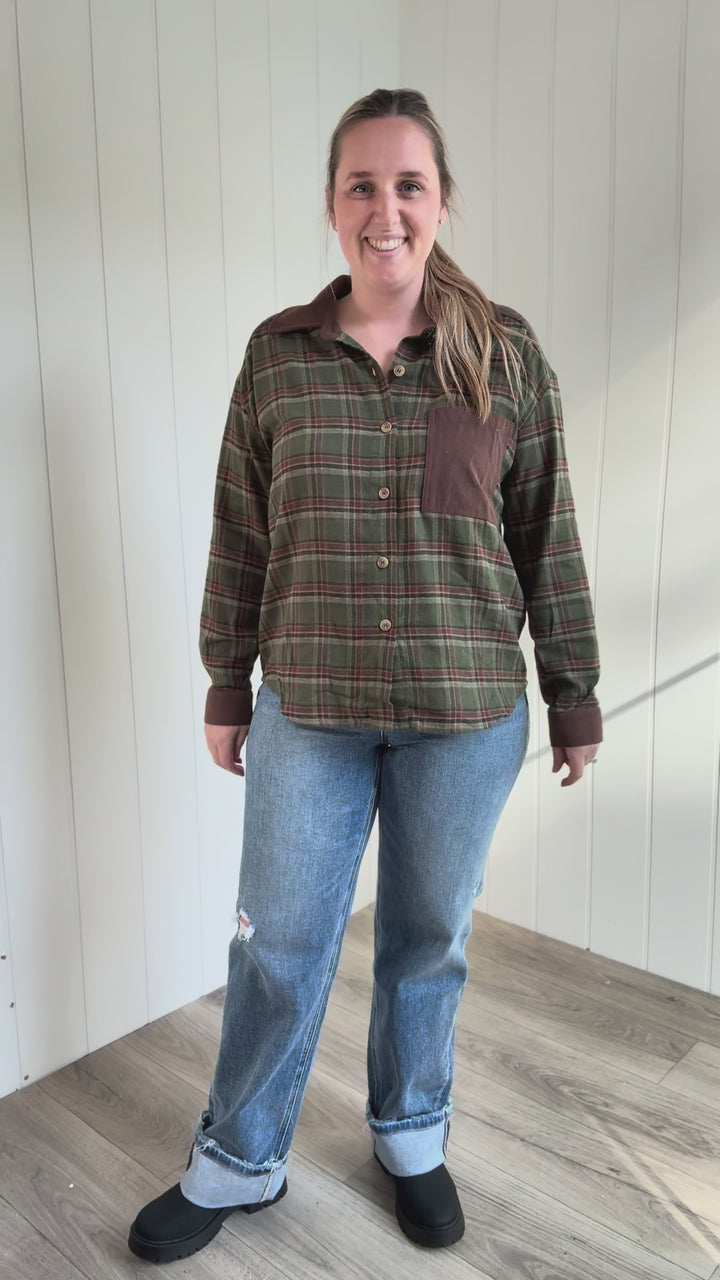 Cinder Corduroy Collared Long Sleeve Flannel- OLIVE