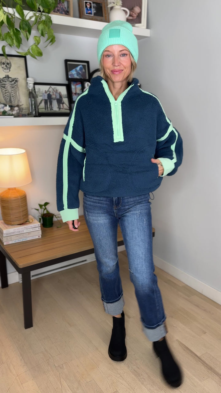 Justina Half Zip Sherpa Fleece Pullover- NAVY