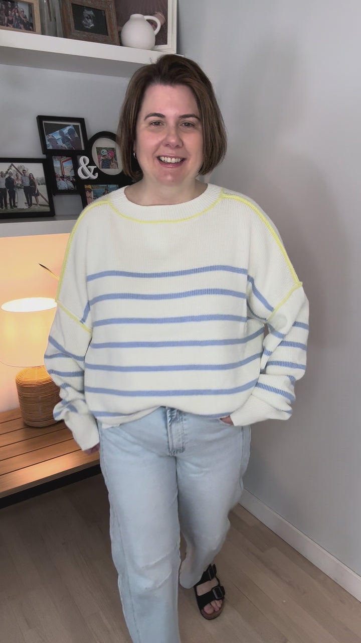Anna Crewneck Striped Boxy Crop Sweater- OFF WHITE/BLUE