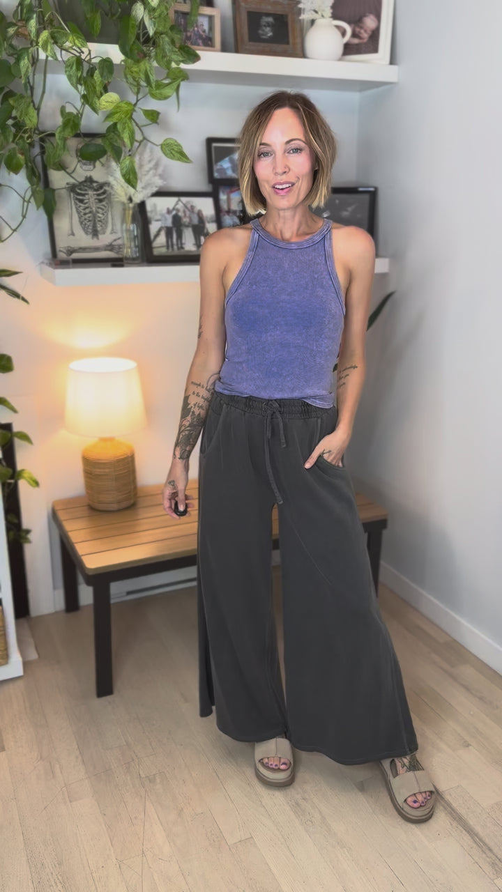 Solana Washed French Terry Wide Leg Pant- BLACK