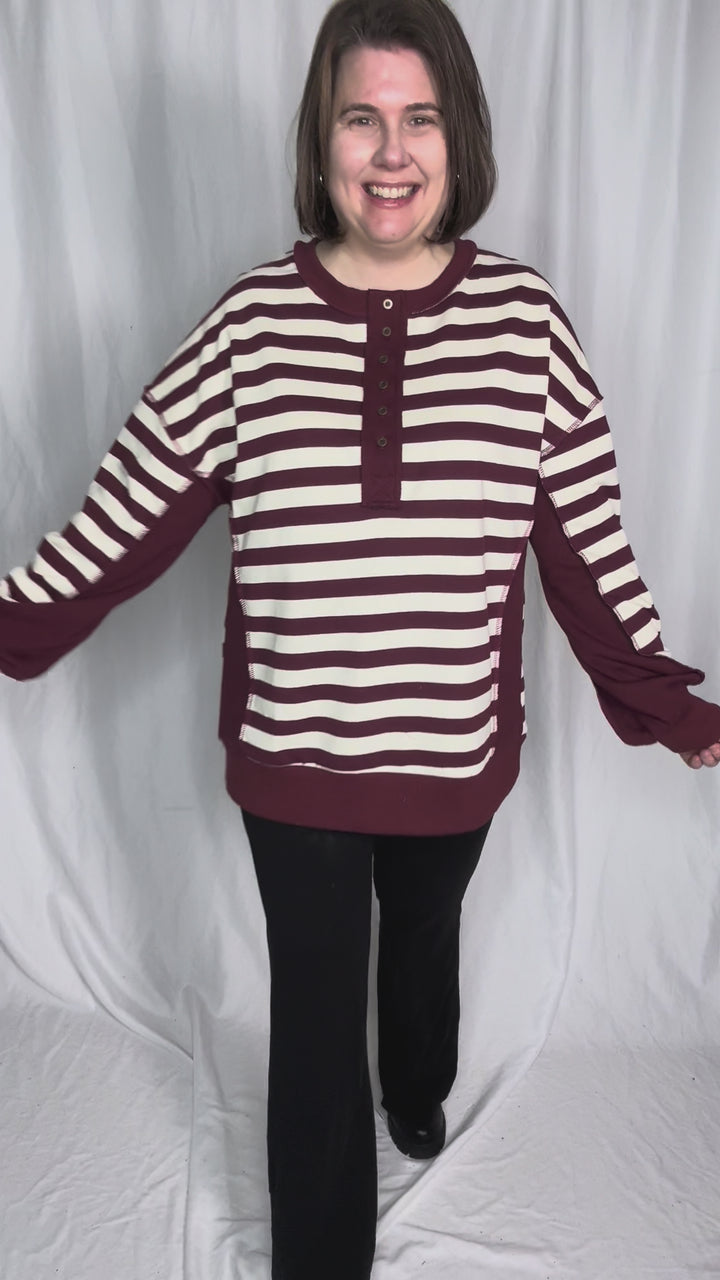 Brook 1/2 Button Pullover- BURGUNDY/CREAM-FINAL SALE *L*