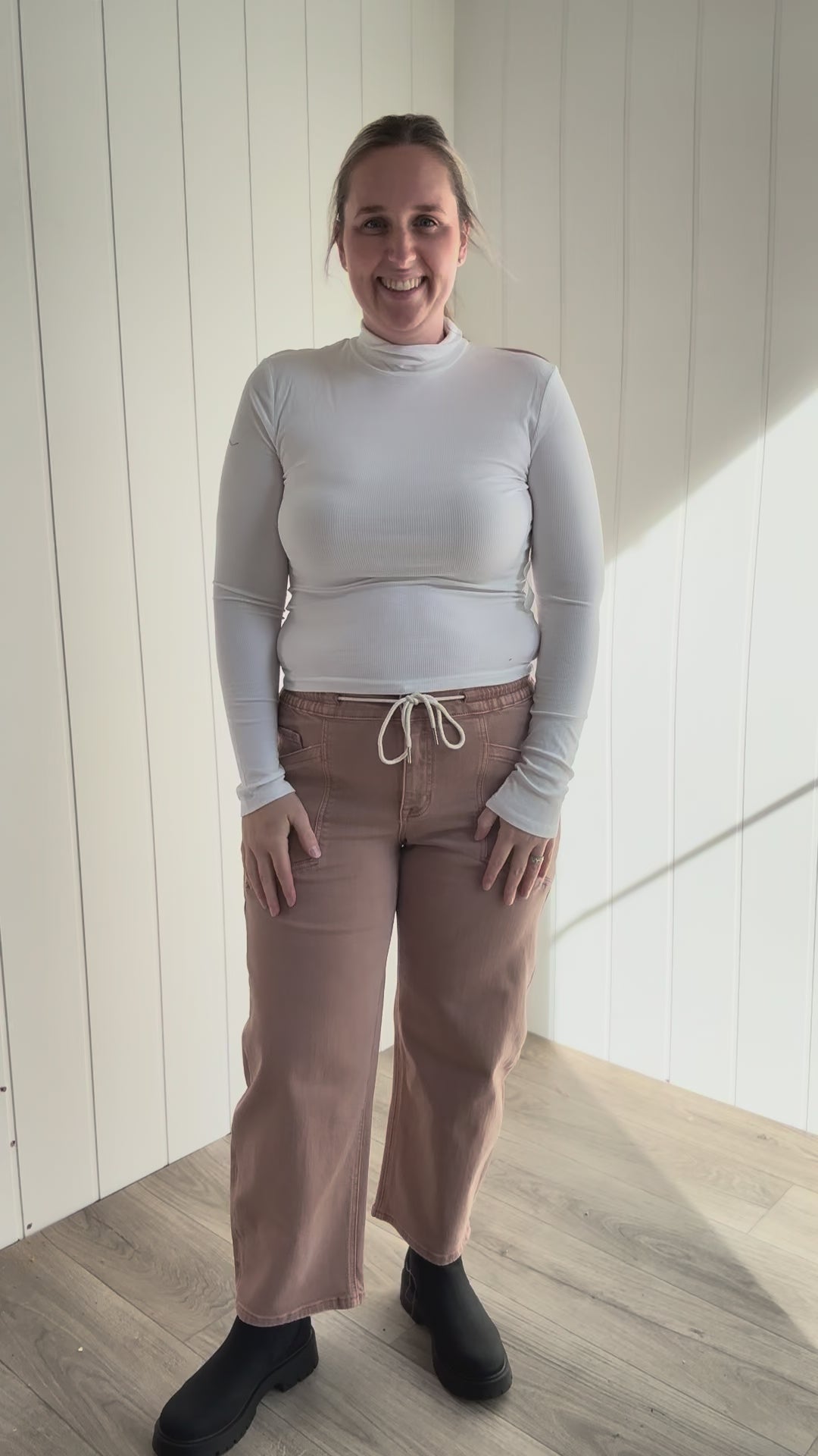 Vervet Maris High Rise Drawstring Barrel Jeans- WARM TAUPE