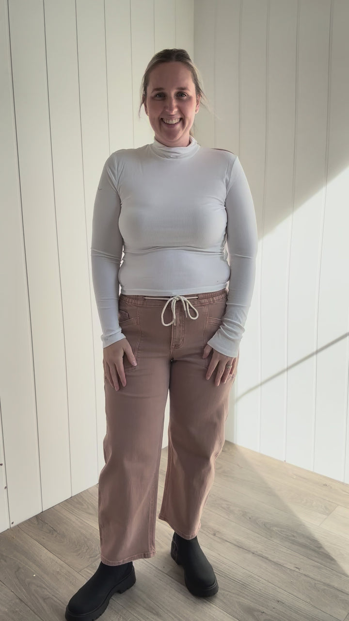 Vervet Maris High Rise Drawstring Barrel Jeans- WARM TAUPE