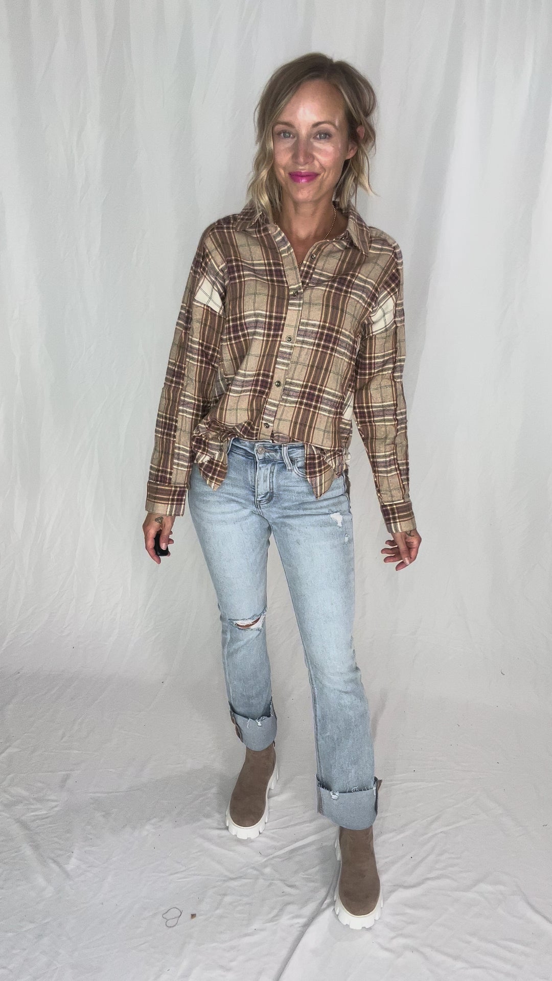 Renner Plaid Top- TAUPE-FINAL SALE