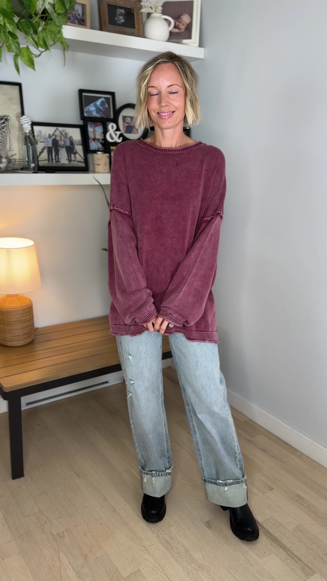 Landyn Washed Cotton Crewneck Long Sleeve- MAROON