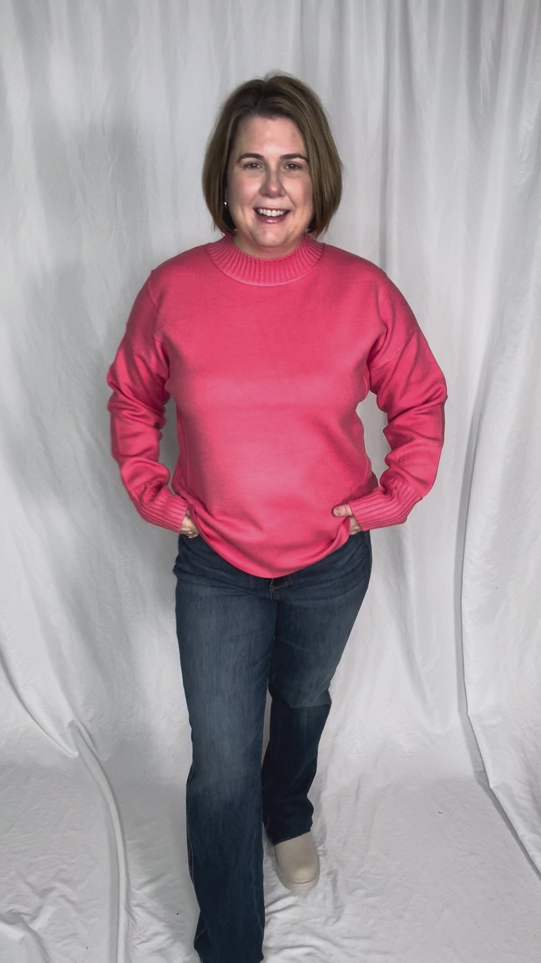 Kyra Mock Neck Long Sleeve Pullover With Side Slits- CORAL