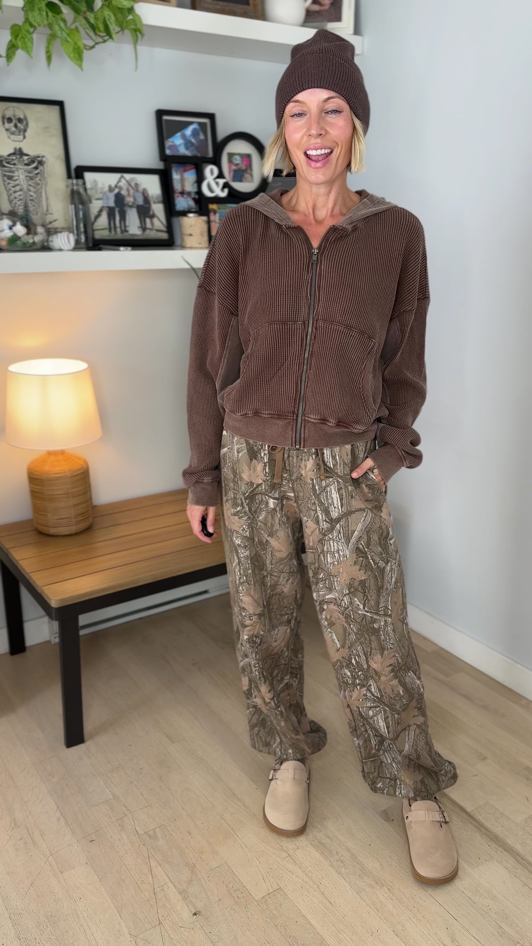 Tatum Washed Waffle Full Zip- DARK BROWN