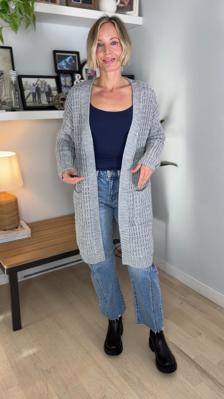 Brandi Long Waffle Knit Cardigan- HEATHER GREY