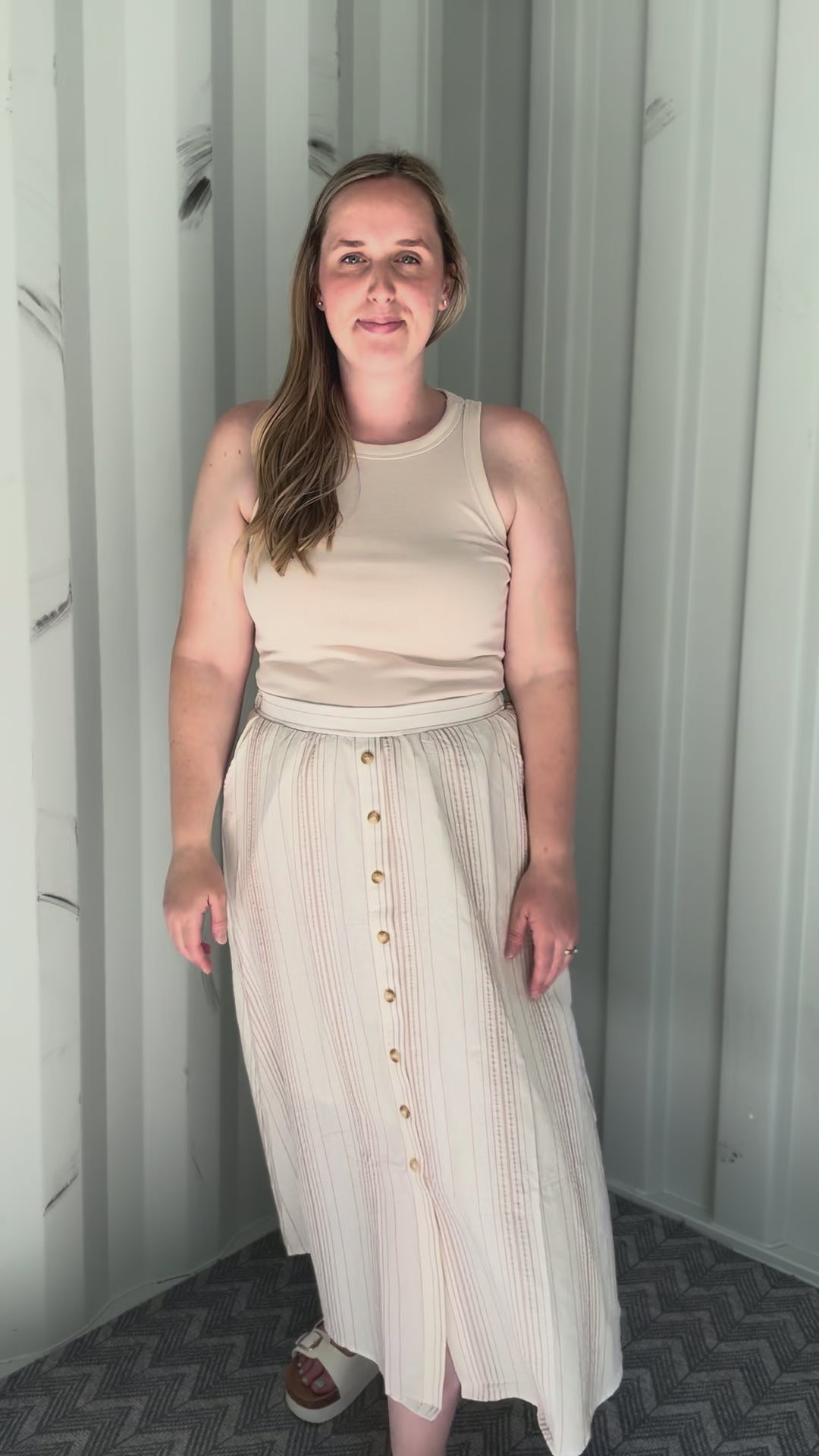 Luau Stripe Button Skirt- KHAKI