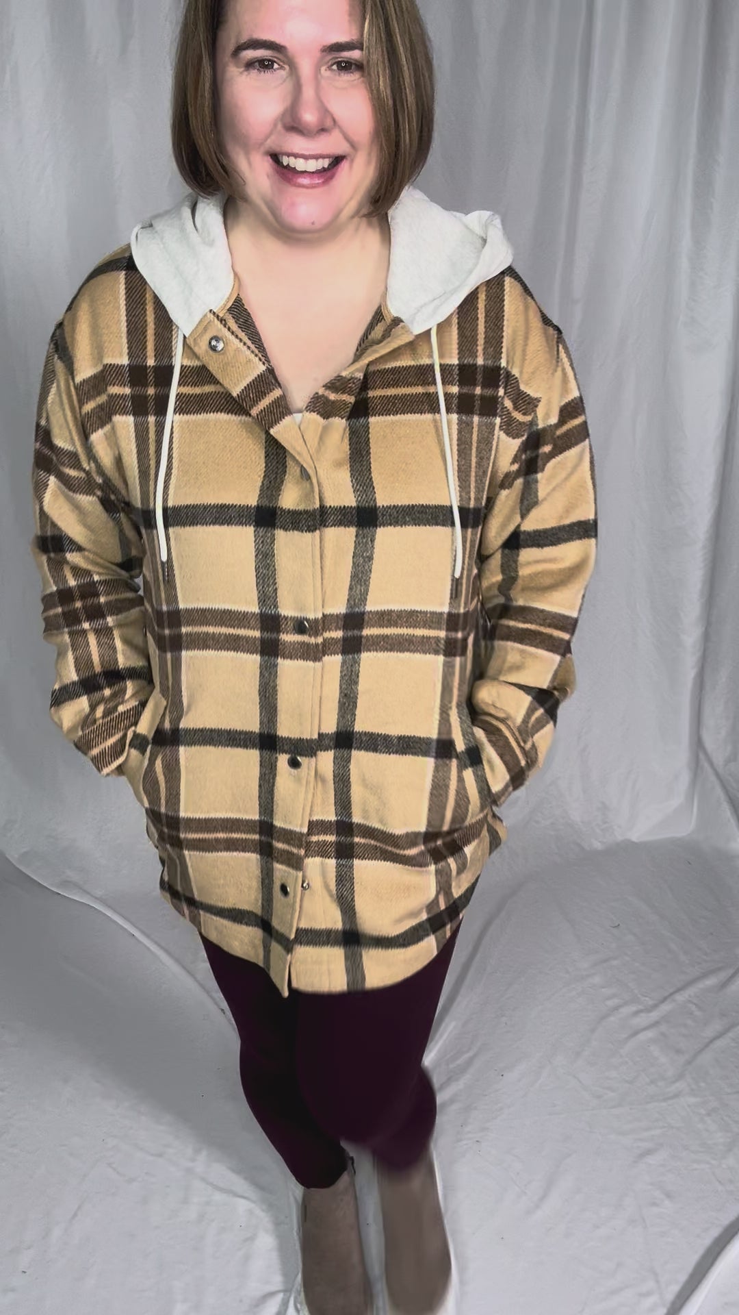 Cocoa + Cream Plaid Hooded Shacket- CAMEL