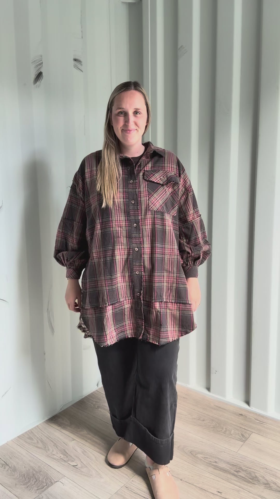 Bonfire Oversized Long Line Washed Plaid Shacket- ASH