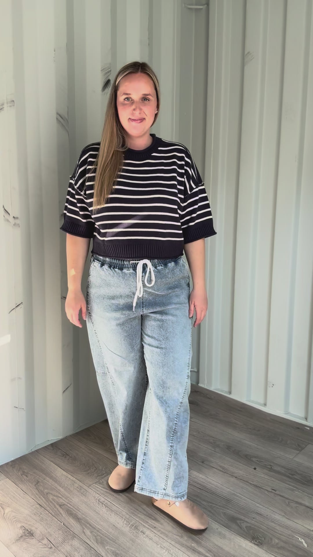 Darlene Stripe Drop Shoulder Short Sleeve Sweater- DARK NAVY