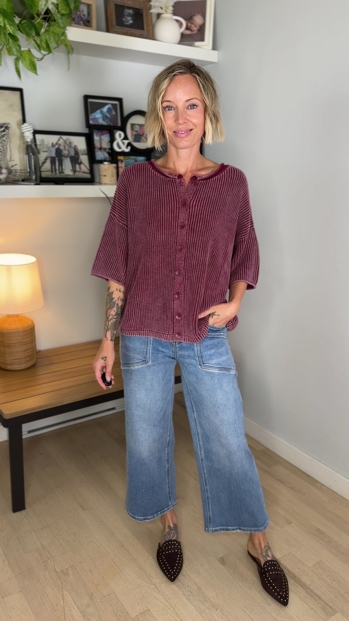 Vesper Washed Cotton Rolled Edge Cardigan- BURGUNDY