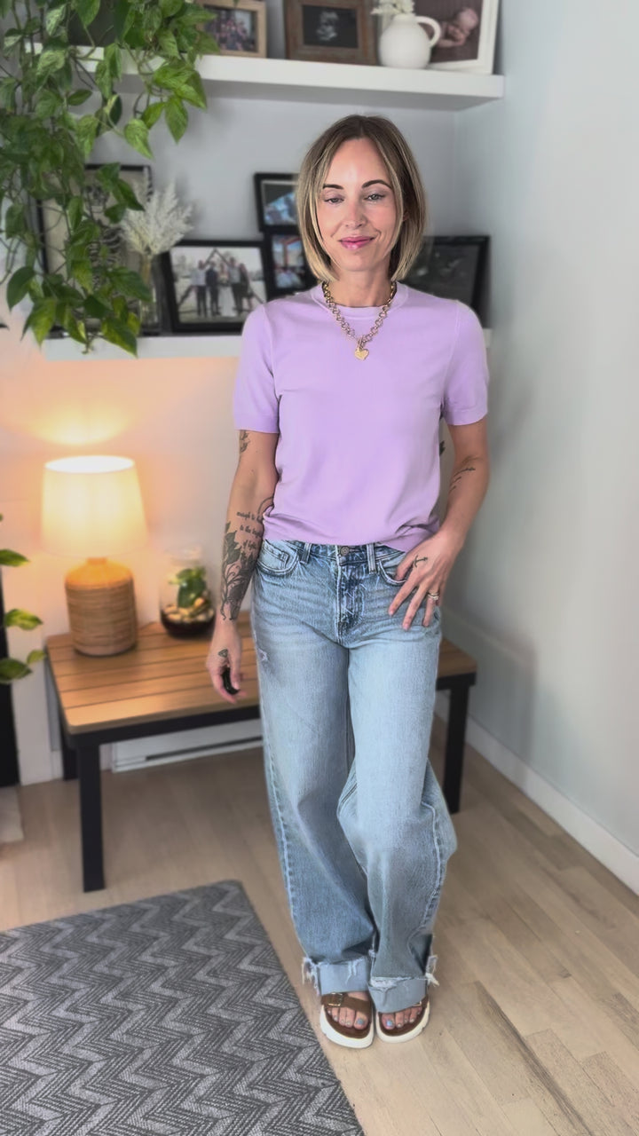 Sunflare Short Sleeve Sweater Top- LAVENDER