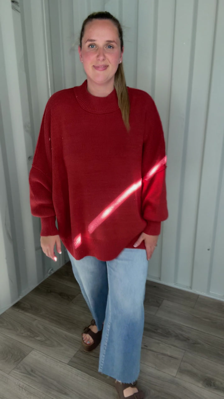 Frosted Pines Oversized Side Slit Sweater- RUST