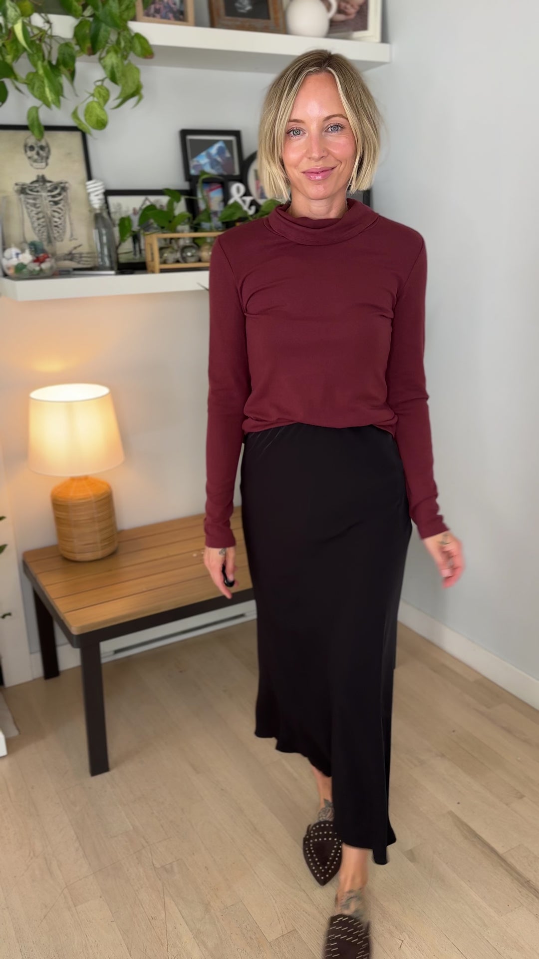 Maxine Soft Knit Turtleneck Long Sleeve Tee- WINE