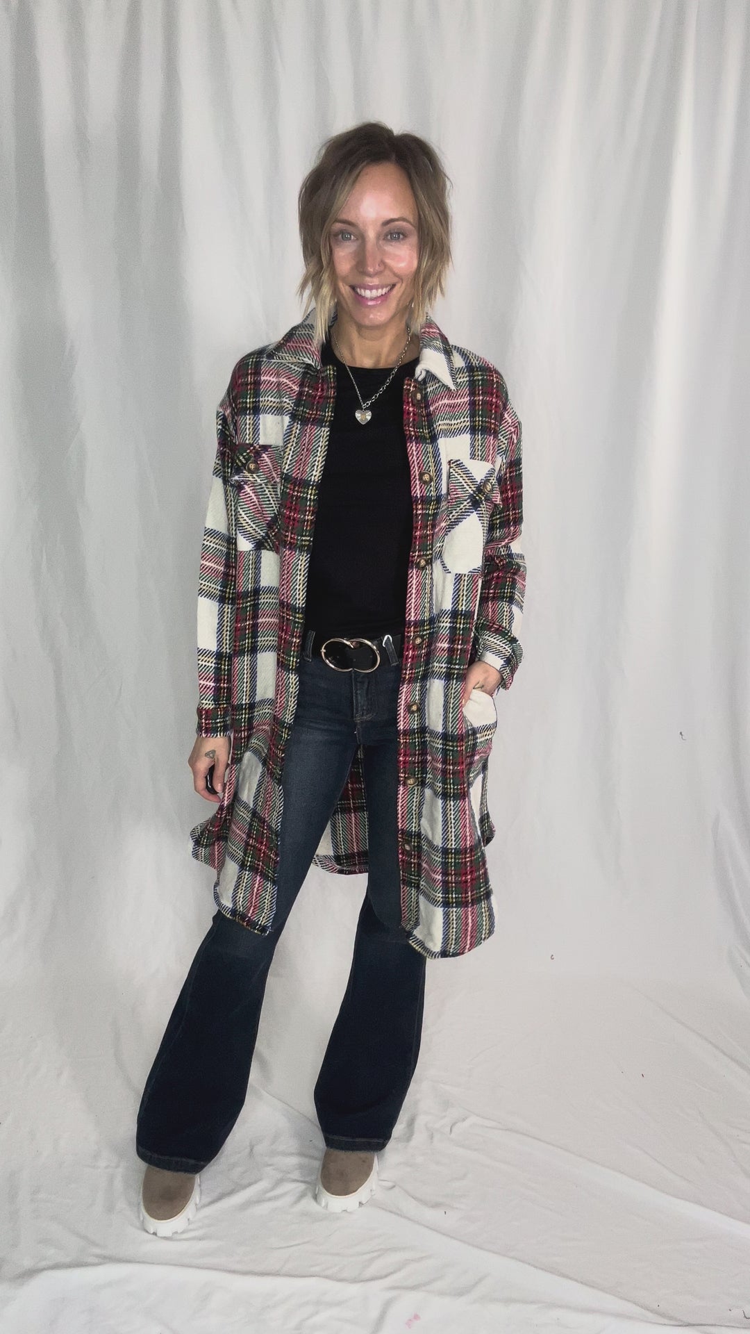 Mrs. Claus Plaid Shacket- RED MULTI