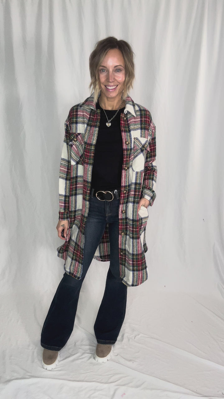 Mrs. Claus Plaid Shacket- RED MULTI