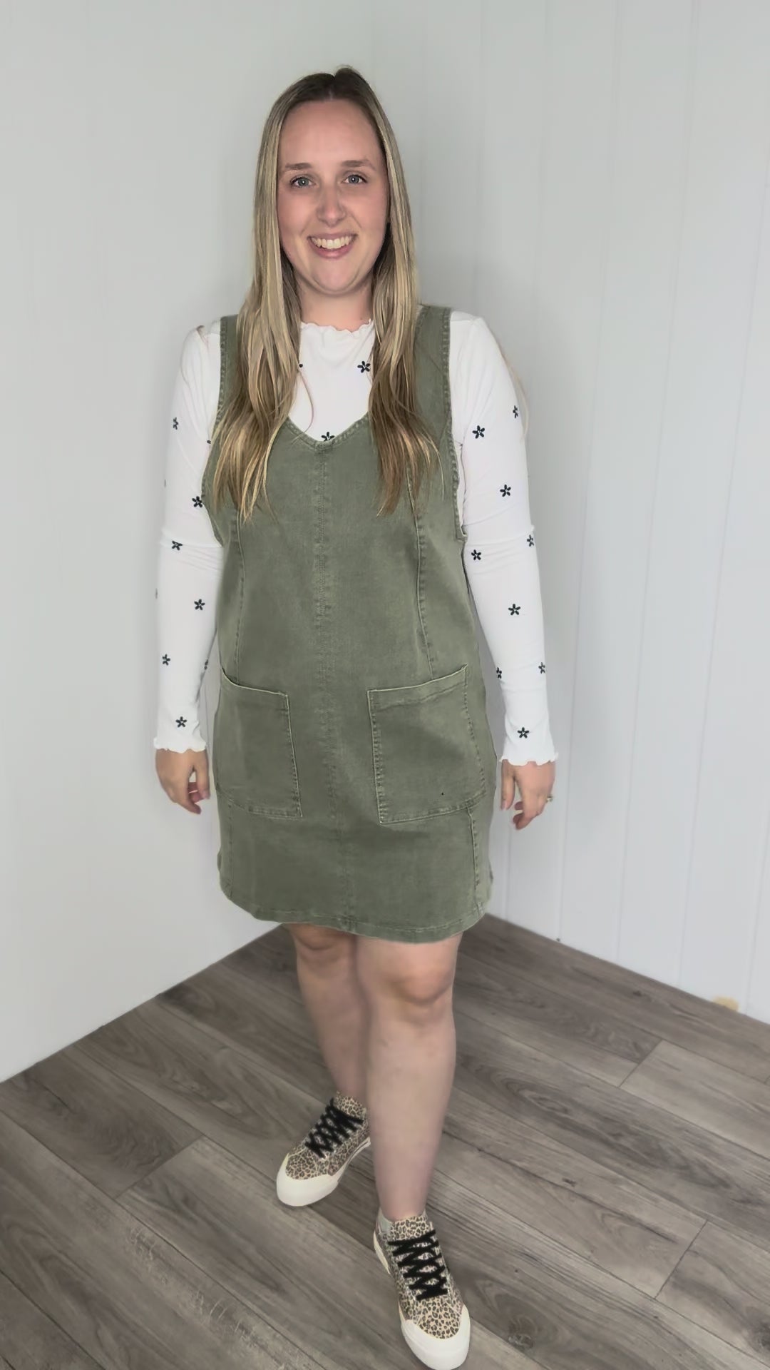 Duselle Stretch Denim Overall Mini Dress- ASH GREEN