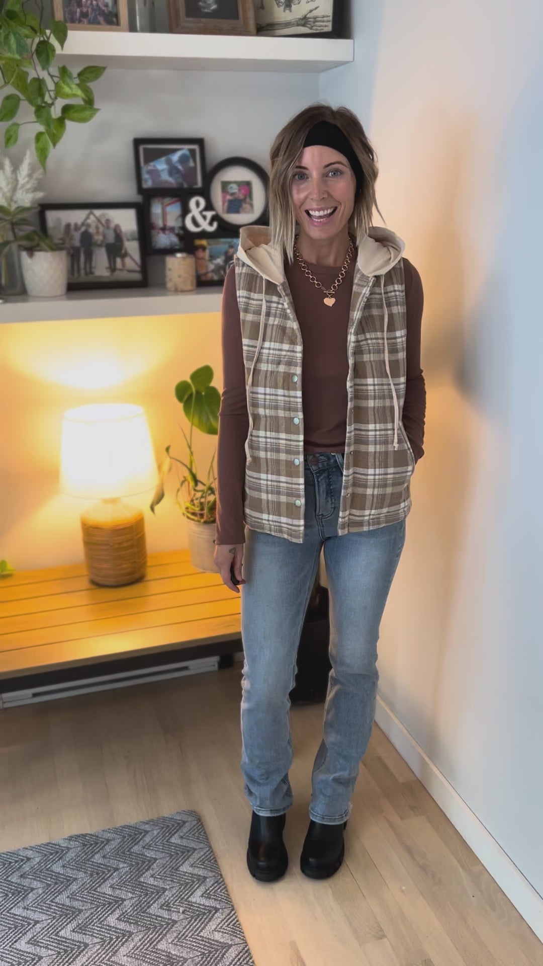 Willow Plaid Hoodie Vest- TAUPE