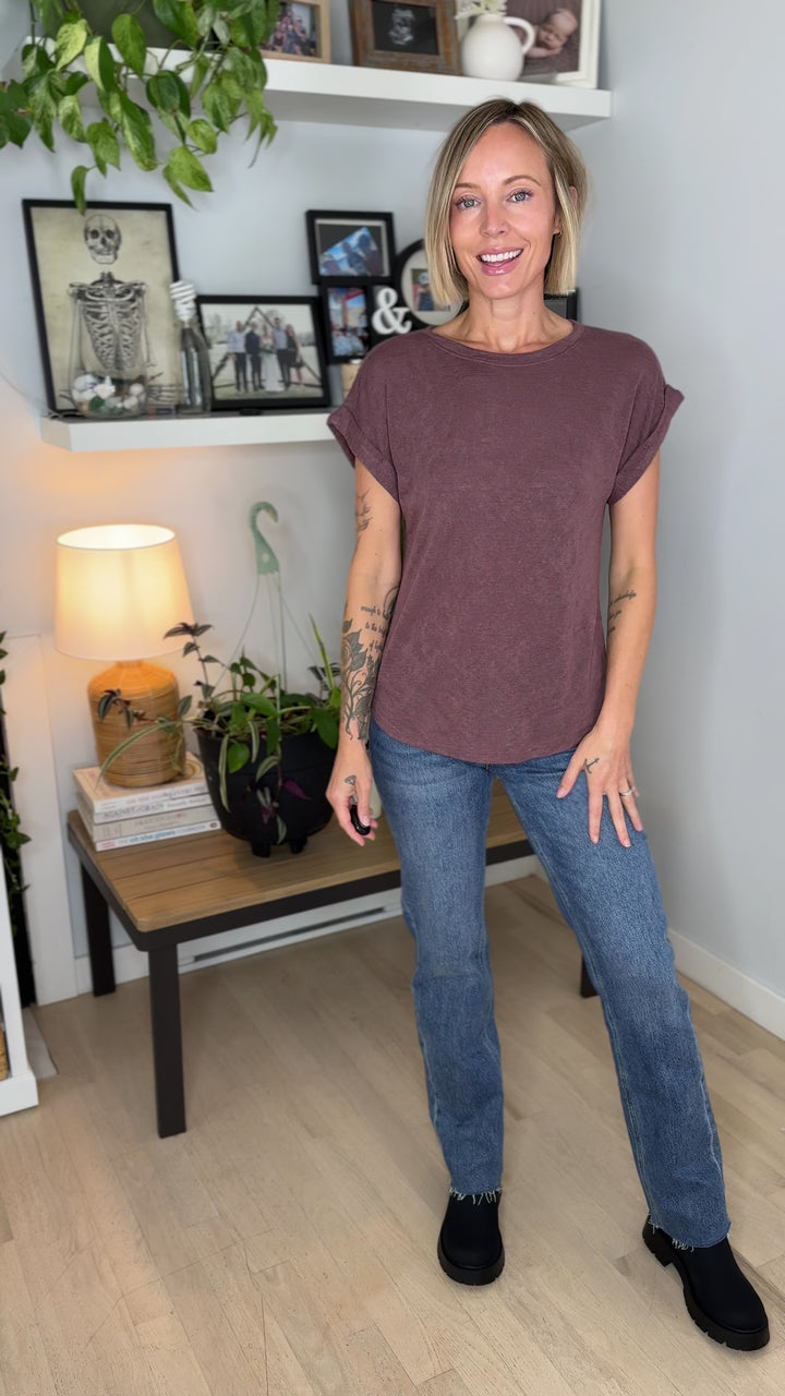 Glowelle Cuff Sleeve Round Neck Tee- HERSHEY
