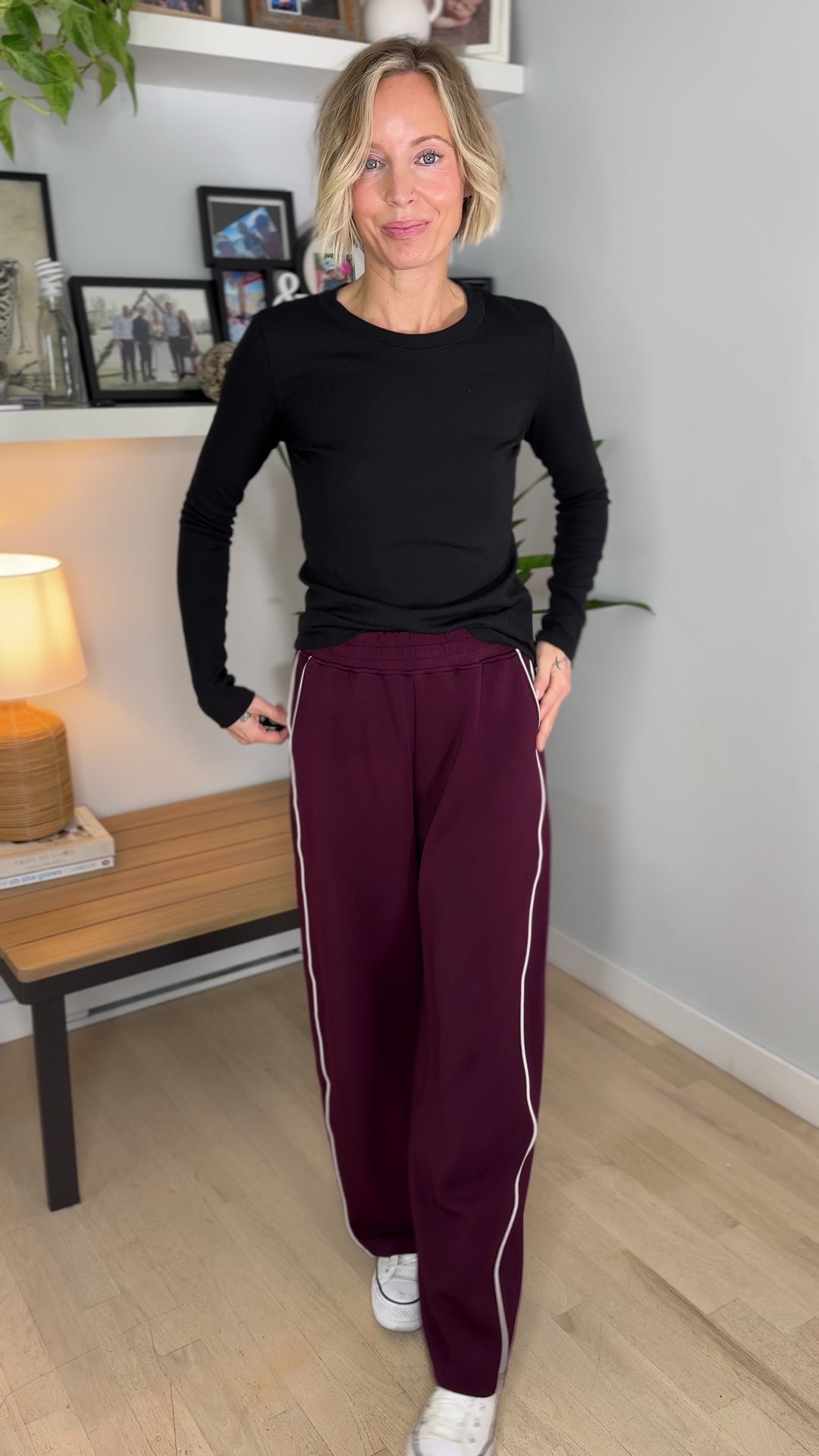 Miranda Modal Piping Straight Leg Pant- DARK CHERRY/MOCHA CREAM