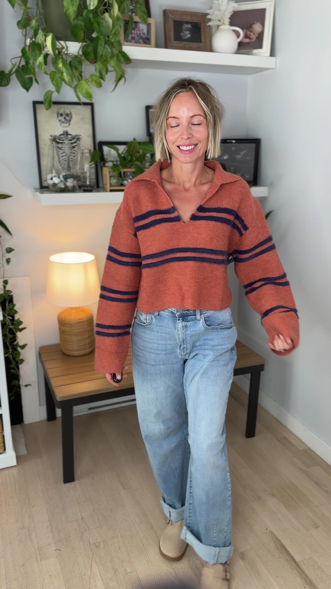 Culver Crop Collar Sweater- RUST/NAVY