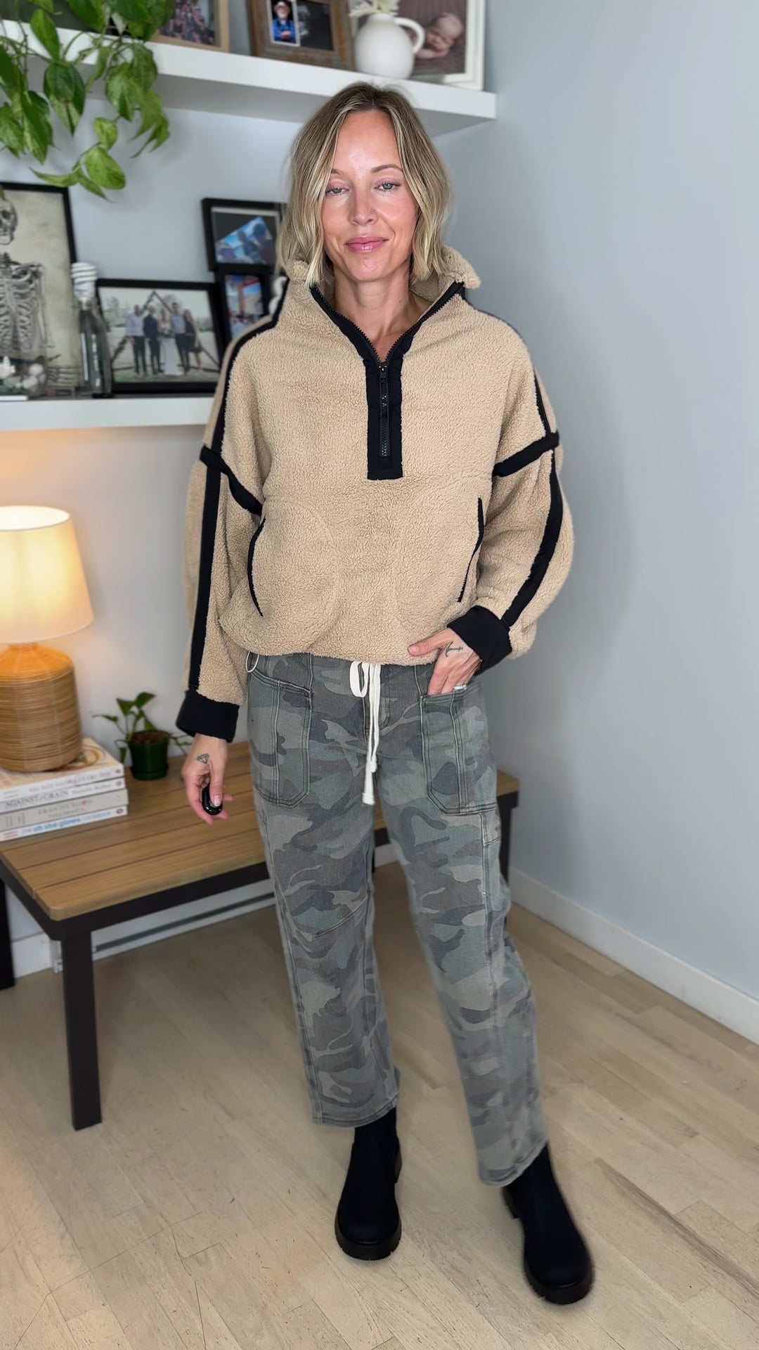 Justina Half Zip Sherpa Fleece Pullover- TAN