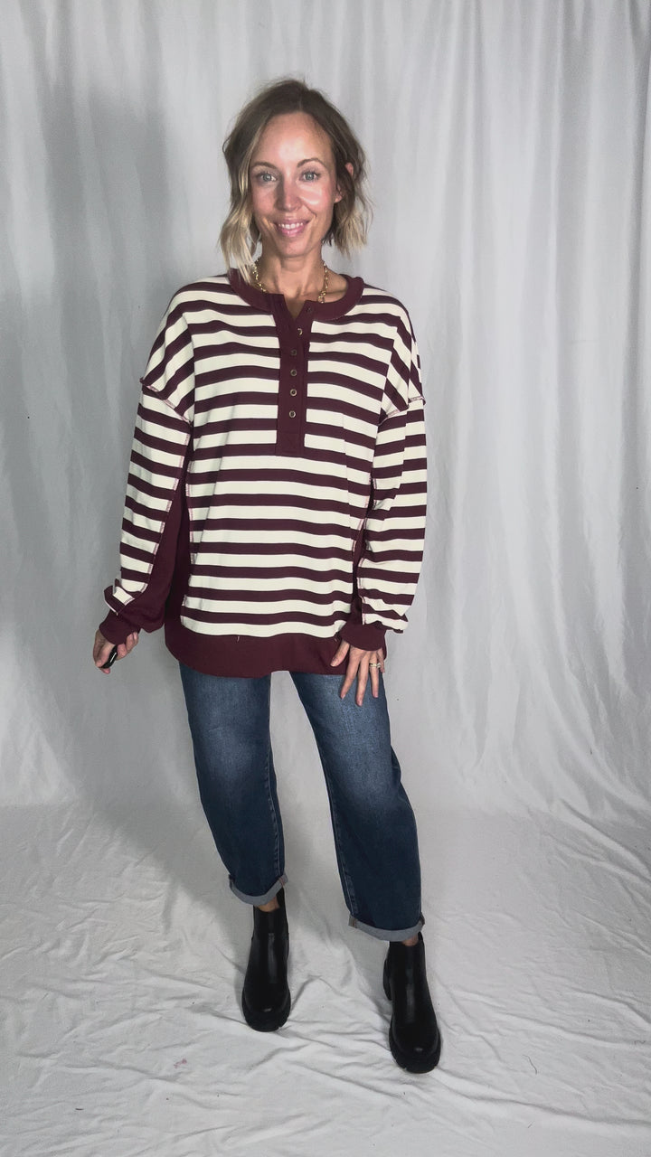 Brook 1/2 Button Pullover- BURGUNDY/CREAM-FINAL SALE *L*