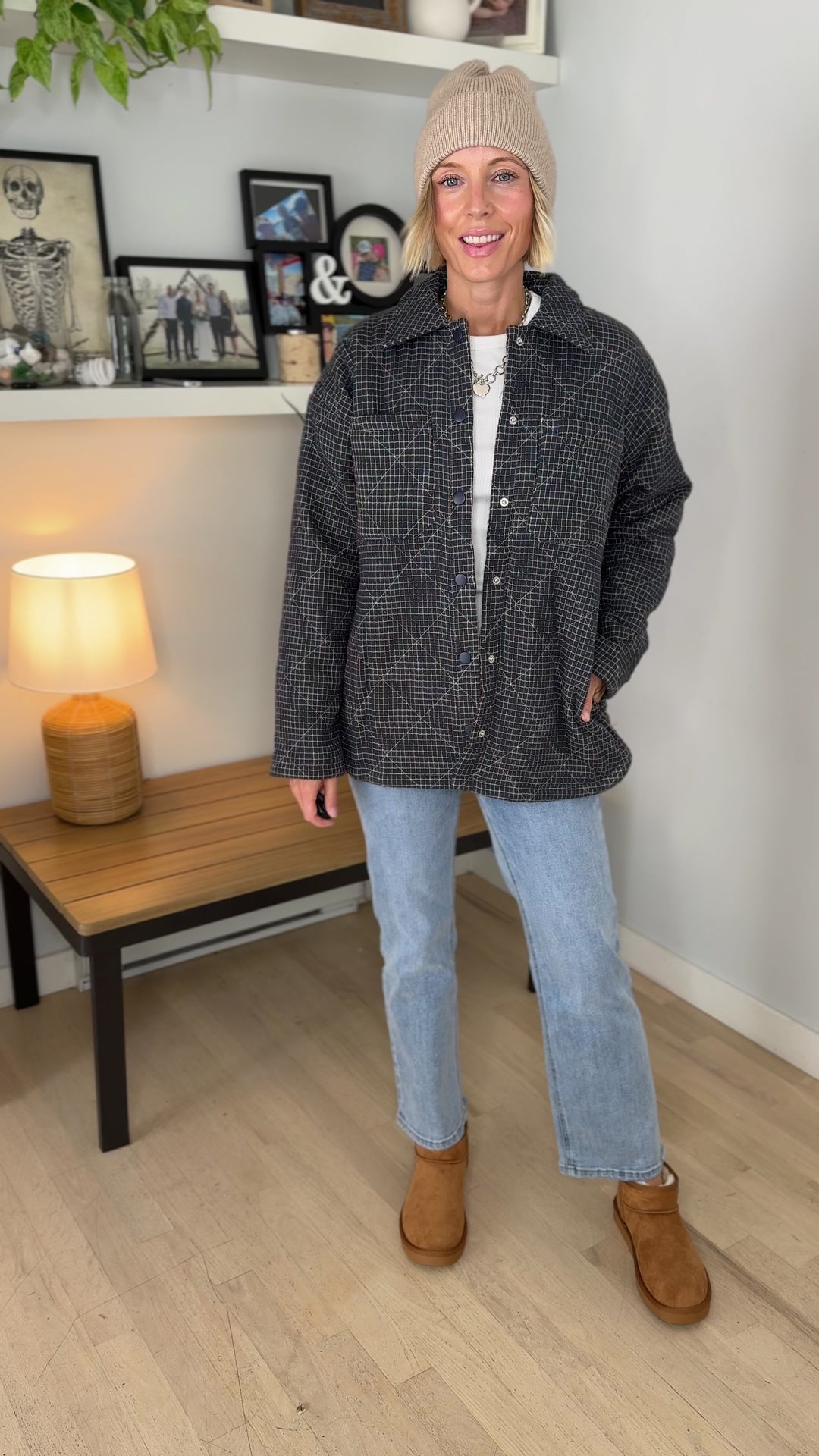 Cozywood Checker Print Puffer Shacket- TWILIGHT BLUE