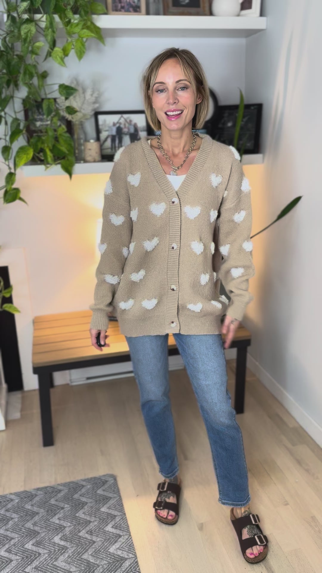 Bellena Heart Pattern Sweater Cardigan- TAUPE