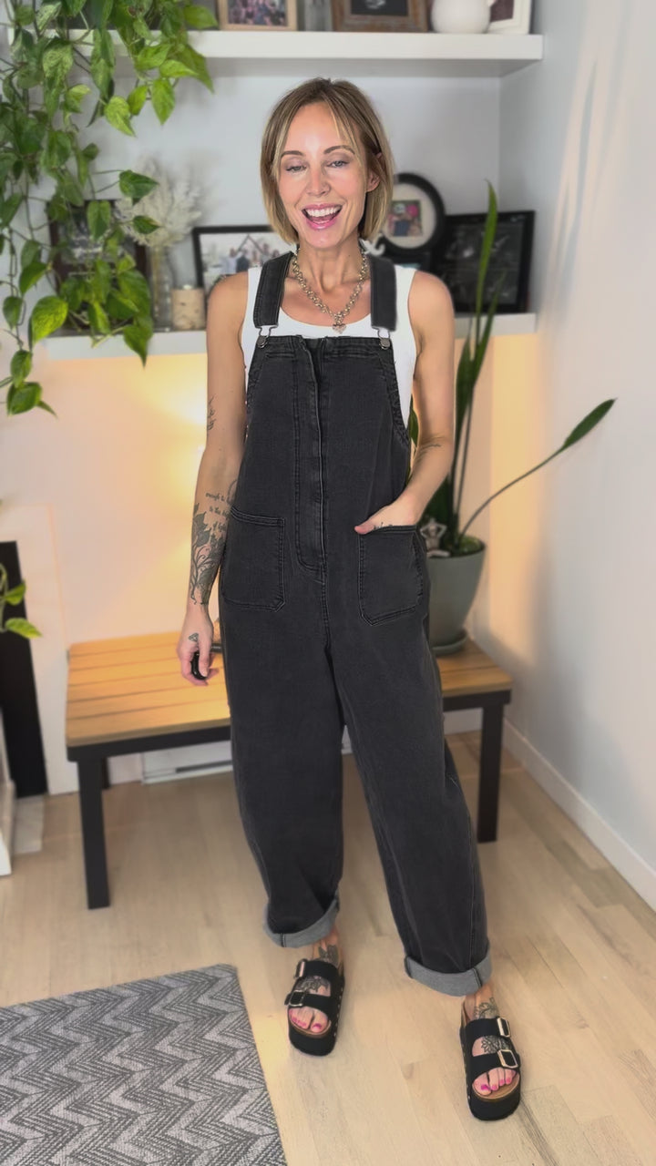 Shiloh Denim Washed Overalls- BLACK DENIM
