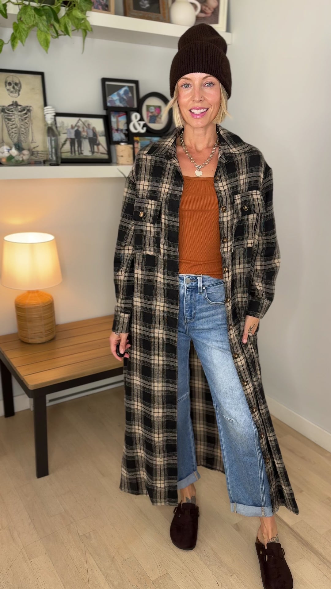 Jovie Plaid Duster- BLACK & TAN